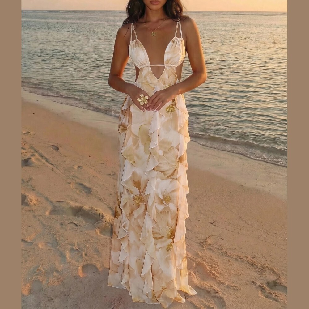 Cream / Beige Floral Print Ruffled Cutout Spaghetti Strap Maxi Dress
